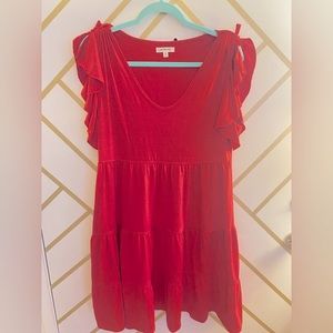 Max Studio Soft Red Tiered Spring Dress w/ Tied Flutter Sleeves